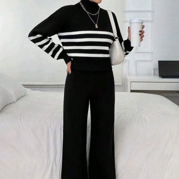 2-Piece Elegant Knit Set: High Collar Striped Print Long Sleeve Top & Long Pants - Picture 4 of 6